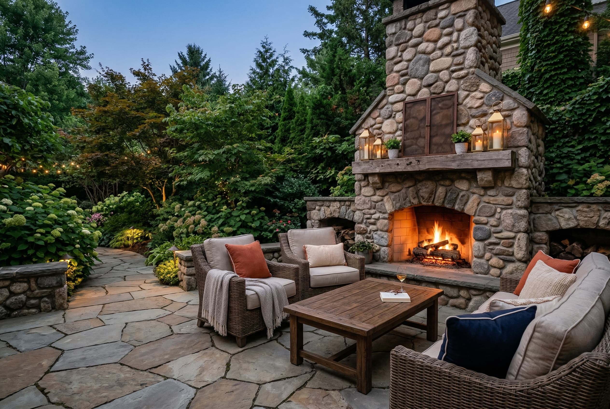 outdoor stone patio fireplace