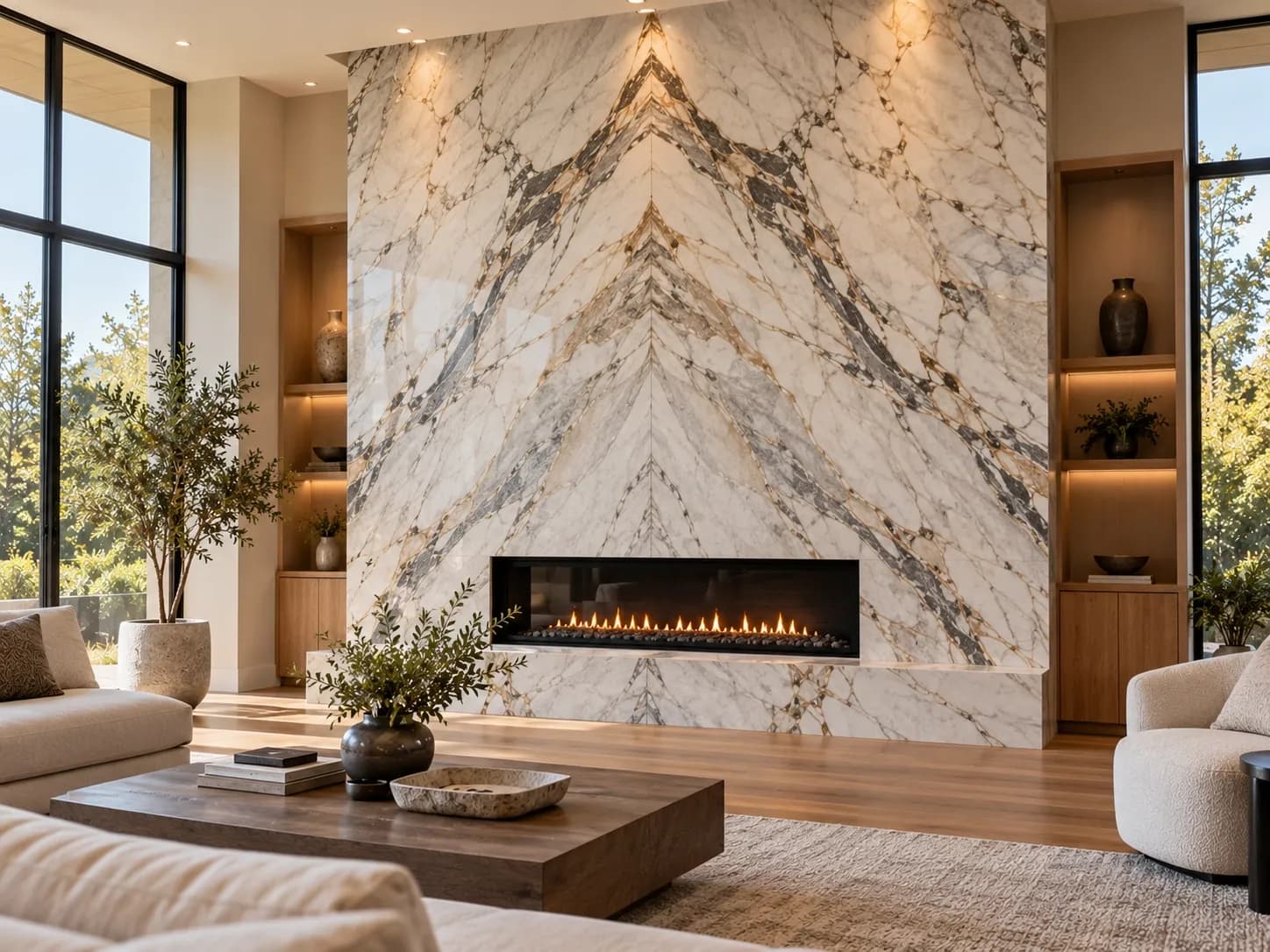 Floor-to-ceiling bookmatched marble fireplace wall with symmetrical natural stone veining.