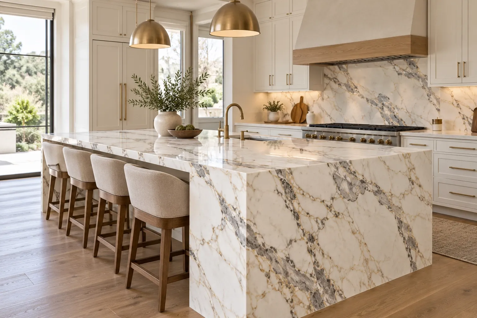 Calacatta marble kitchen island with bold gray and gold veining and a white background.