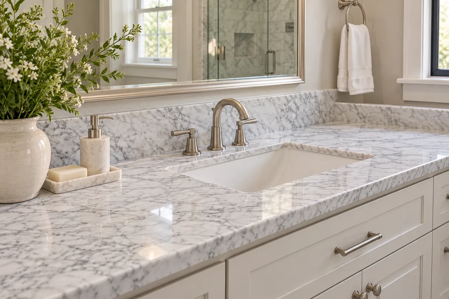 Carrara marble bathroom vanity with subtle gray veining and a light-colored countertop.