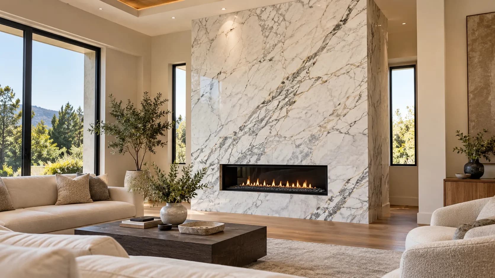 Modern living room featuring a floor-to-ceiling custom marble fireplace surround.