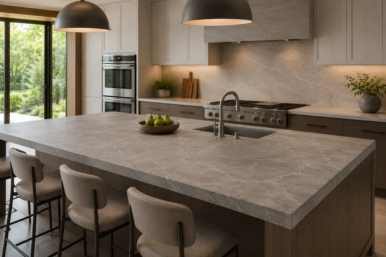 Honed natural stone countertop with a smooth matte finish in a modern kitchen