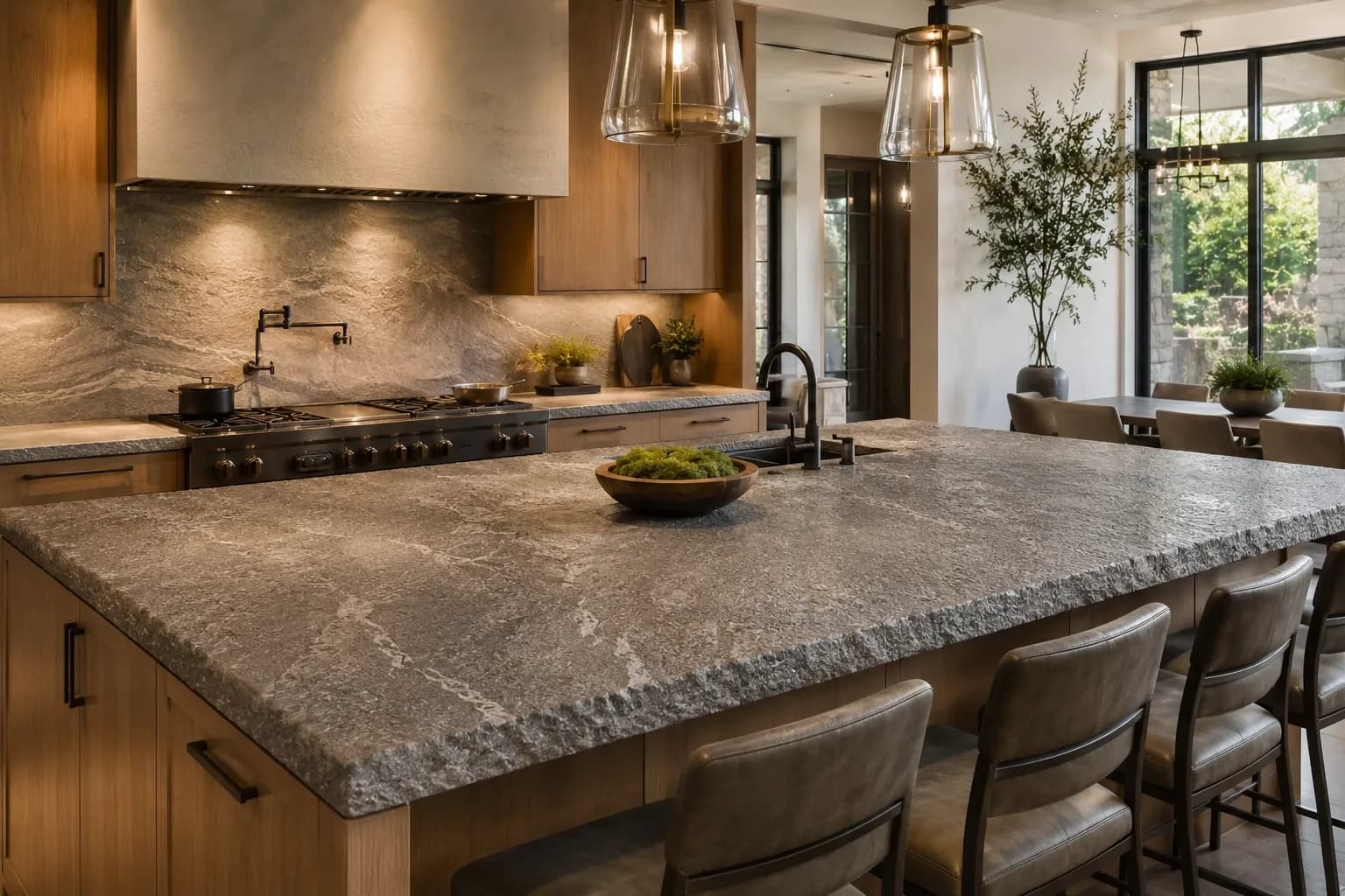 Leathered natural stone countertop with textured surface in a luxury kitchen