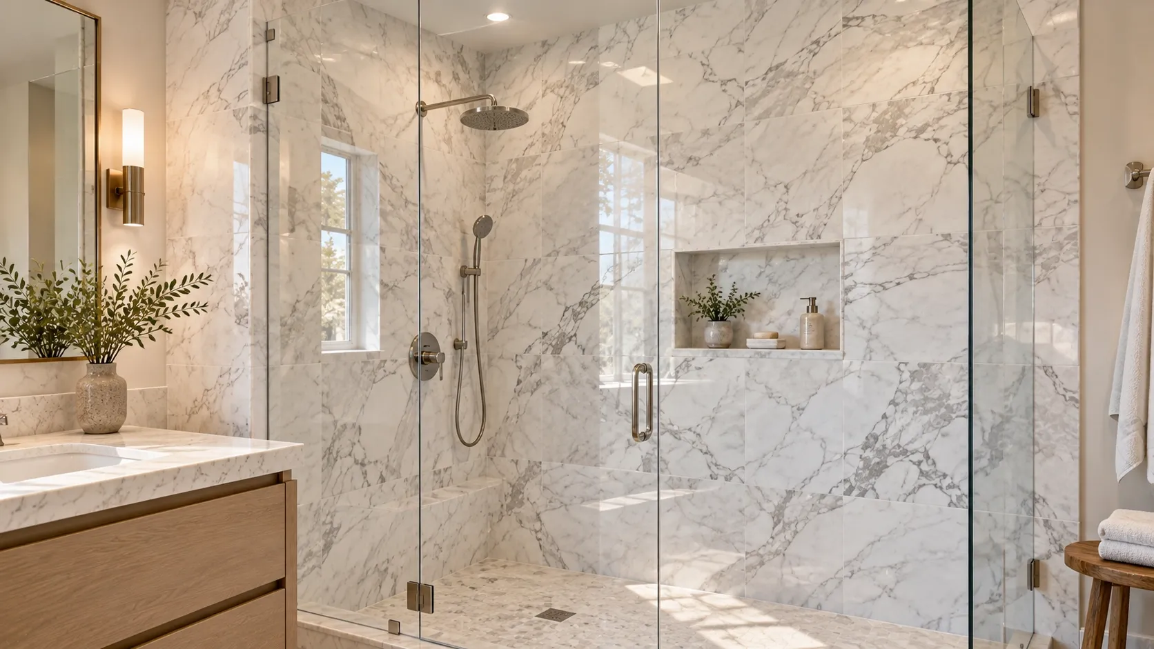 White marble shower walls with subtle gray veining and a frameless glass enclosure