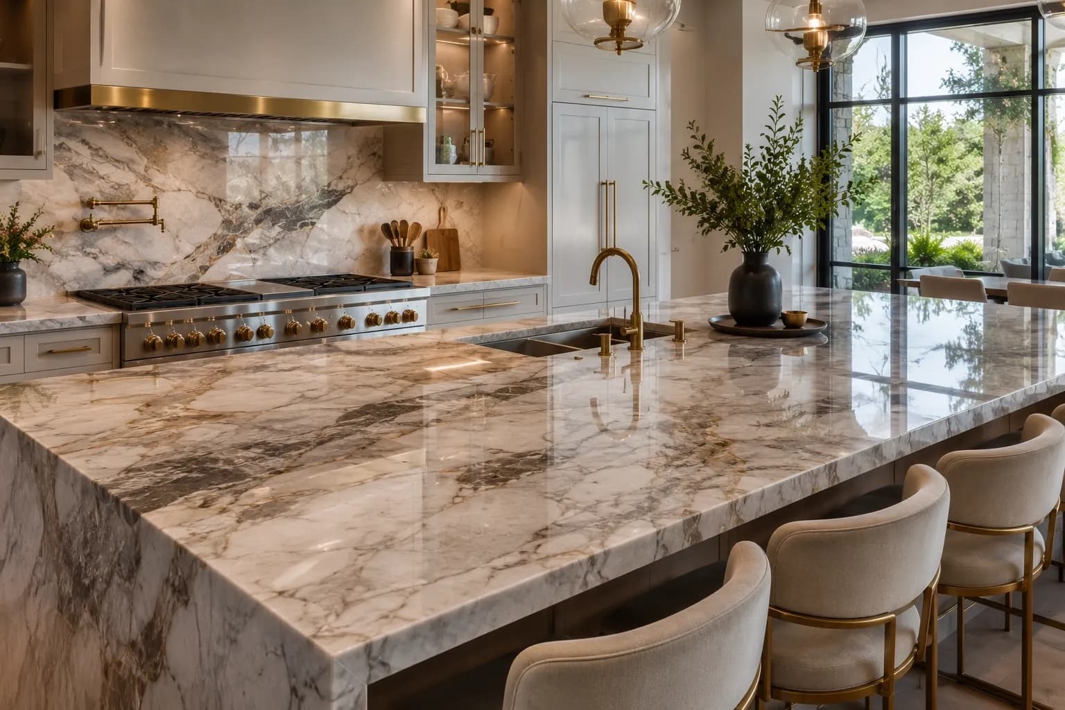 Polished natural stone countertop with dramatic veining in a luxury kitchen
