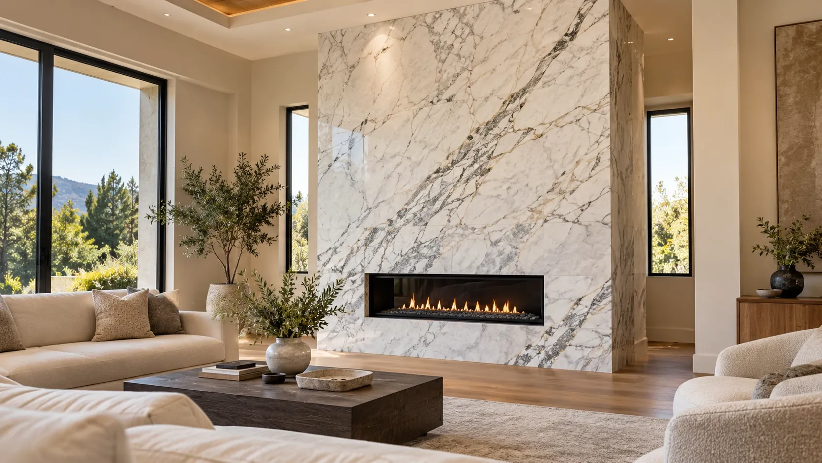 Modern living room featuring a floor-to-ceiling custom marble fireplace surround.