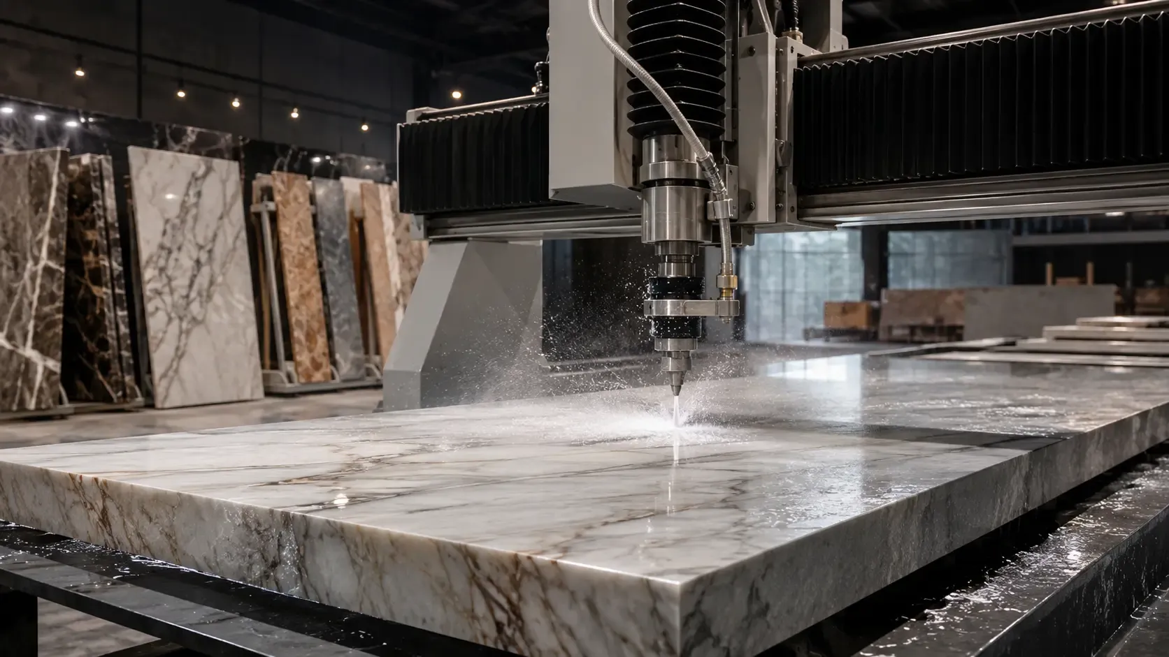 CNC waterjet machine cutting a natural marble slab with precision for luxury home projects.