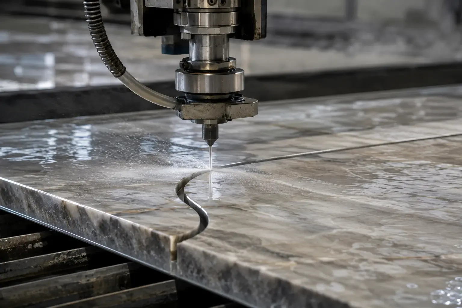 Close-up of a CNC waterjet machine making a precise cut in a quartzite slab.