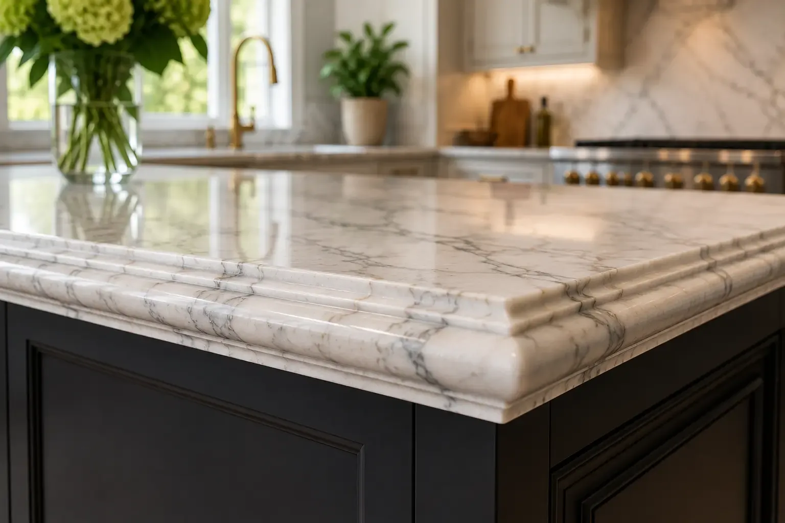 Decorative ogee edge on a marble kitchen island