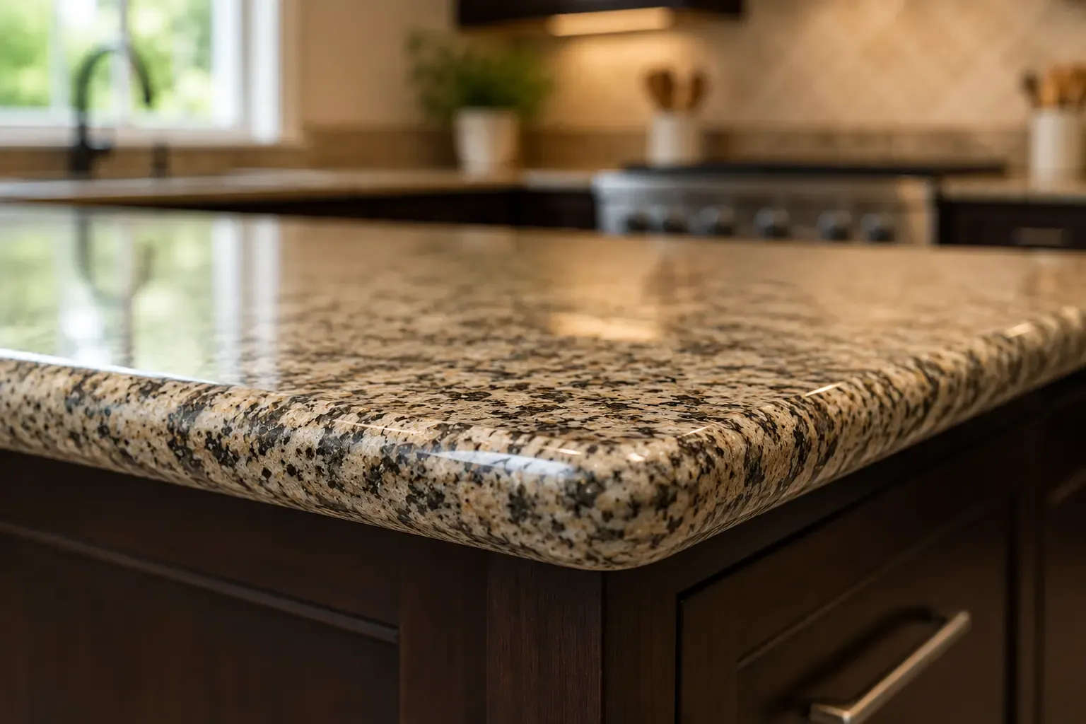 Rounded bullnose edge profile on a granite countertop