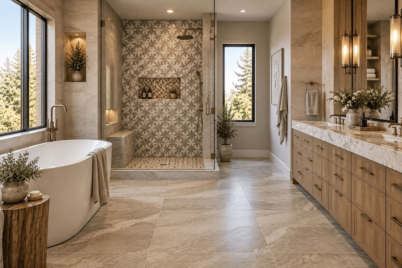 Master bathroom combining large-format neutral tiles with a geometric patterned shower accent