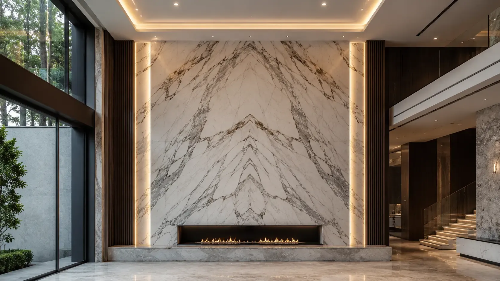 Luxury living room featuring a bookmatched marble feature wall with a mirror-image natural stone pattern.