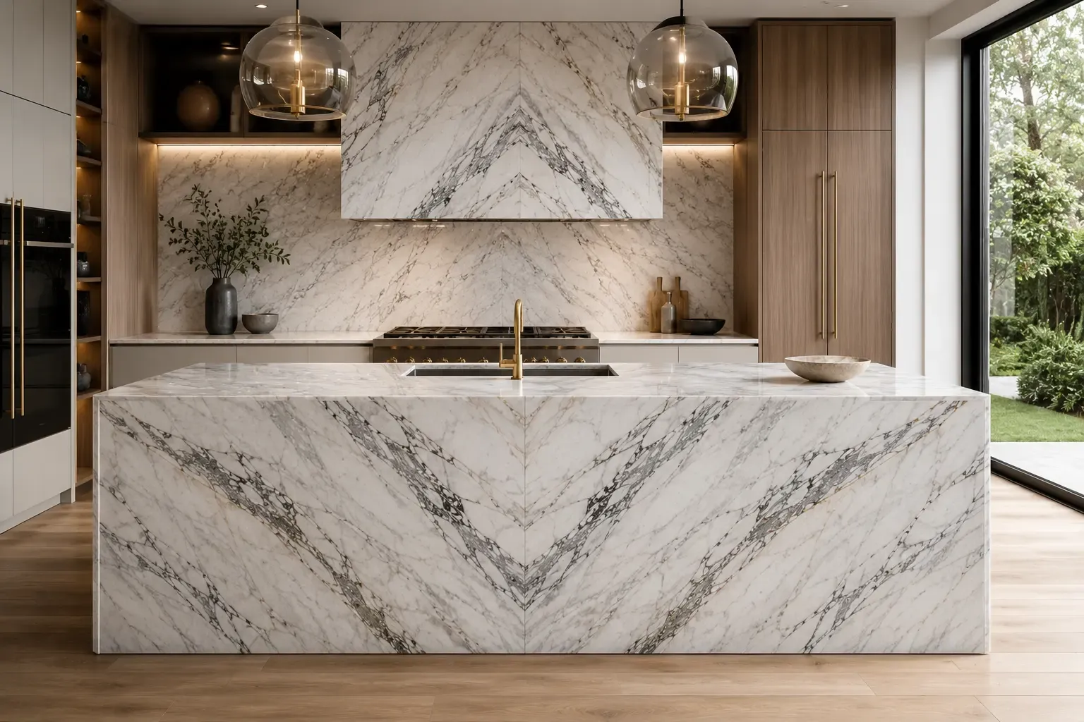 Luxury kitchen featuring a bookmatched marble waterfall island with mirrored natural stone veining.