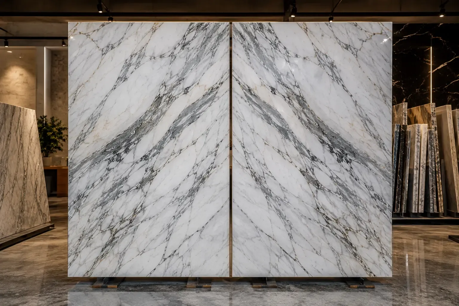 Two marble slabs aligned to create a bookmatched mirror-image stone pattern.
