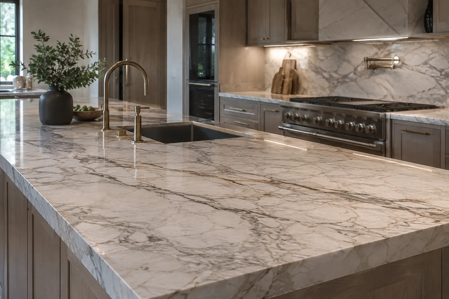 Luxury natural stone countertop with a carefully concealed seam