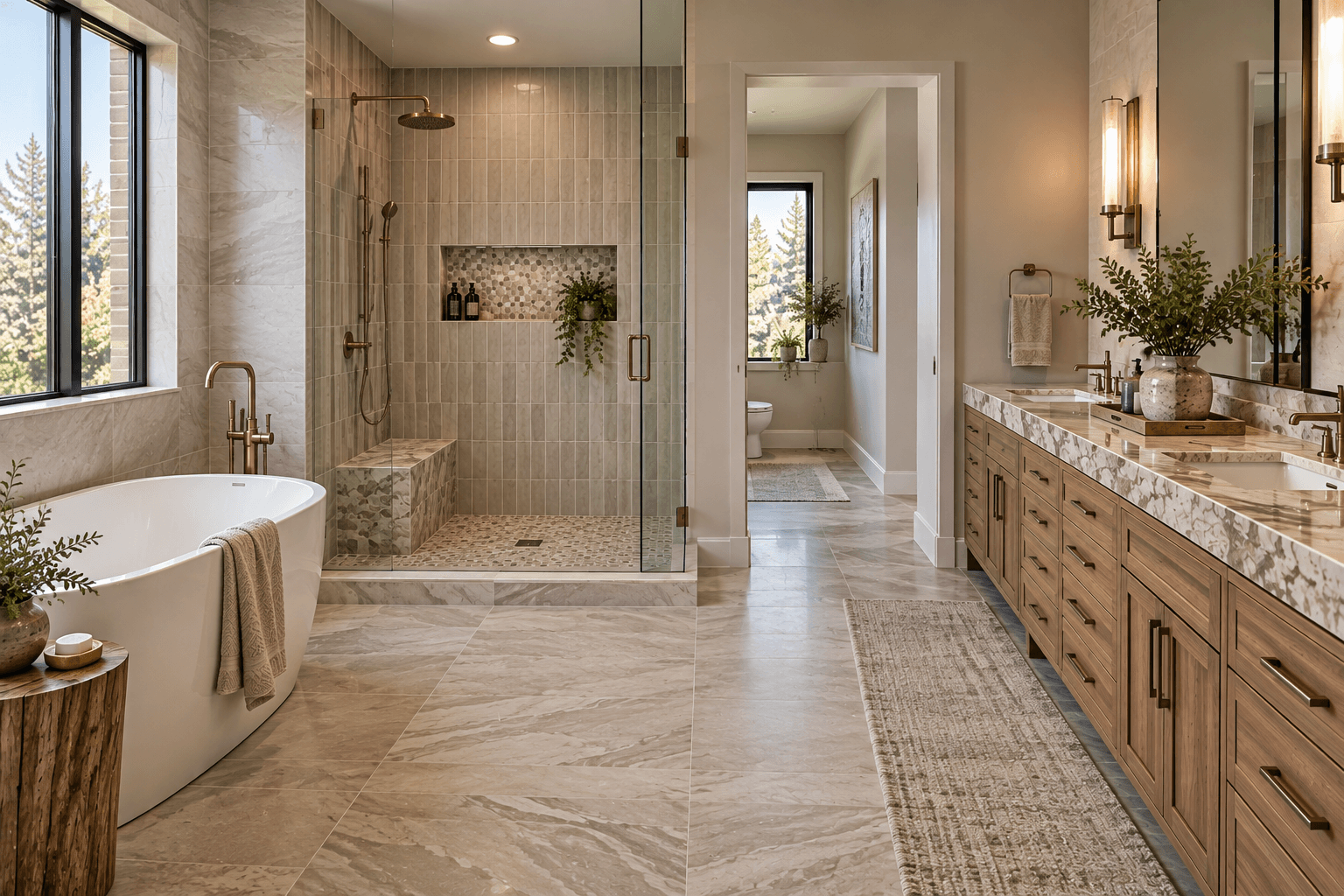 Master bathroom using large floor tiles, rectangular wall tiles, and small mosaic shower tiles