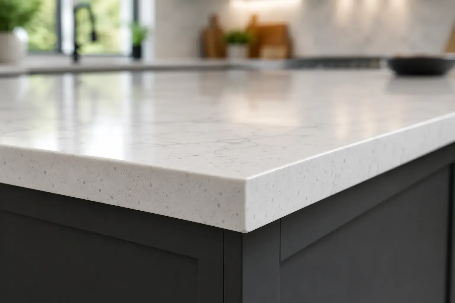 Eased edge on a white quartz kitchen countertop