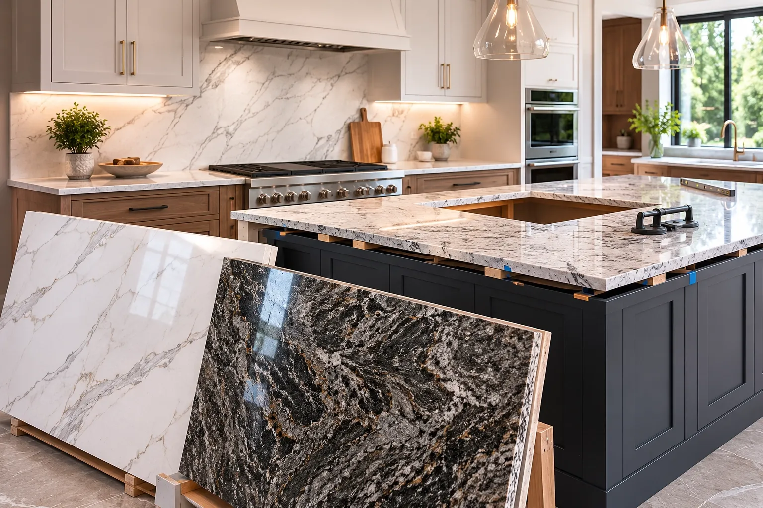 Granite and quartz countertop installation in a modern kitchen.