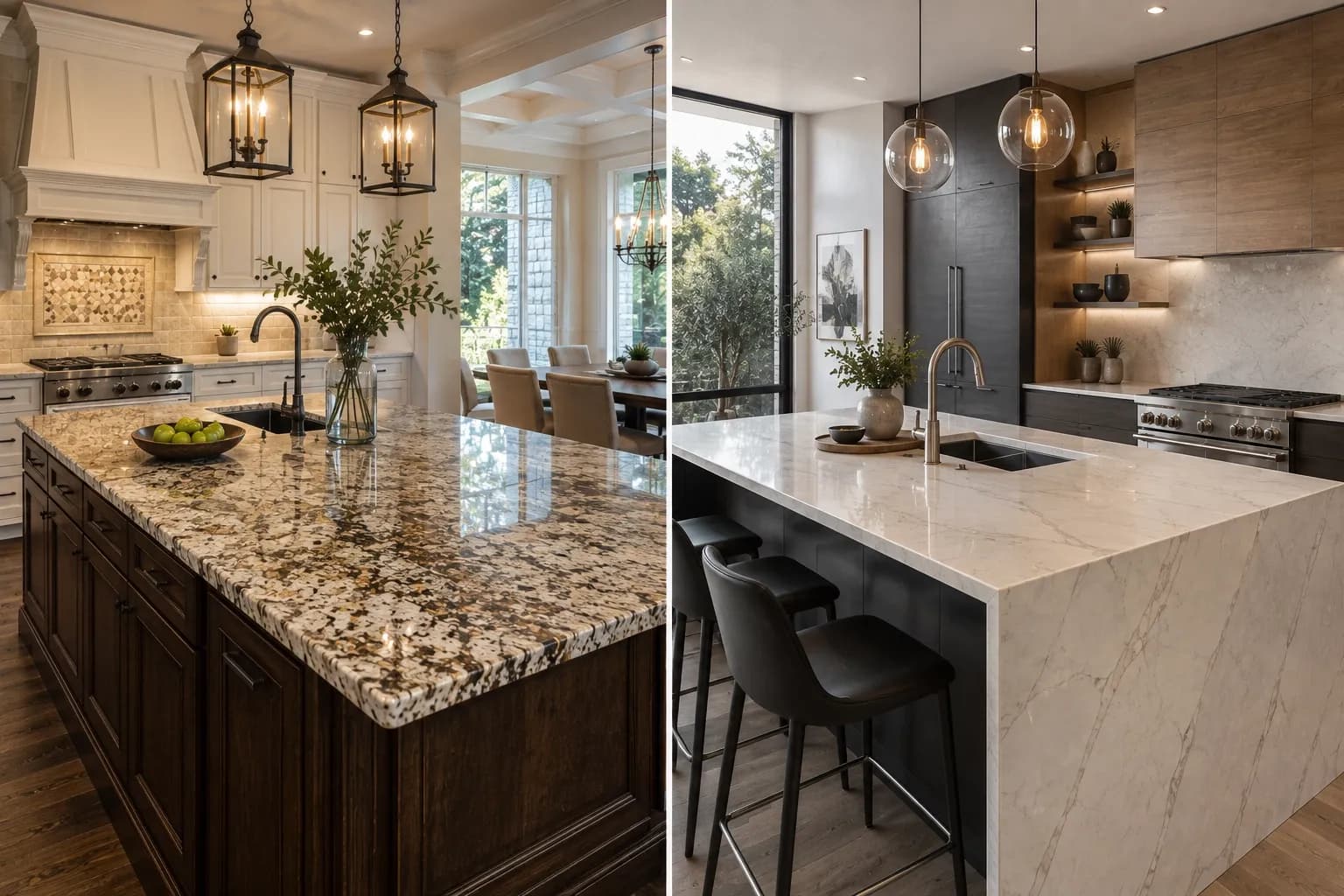 Granite and quartz countertops in a luxury modern kitchen