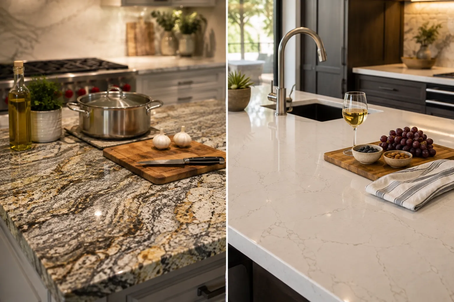 Granite and quartz countertop durability comparison in a modern kitchen