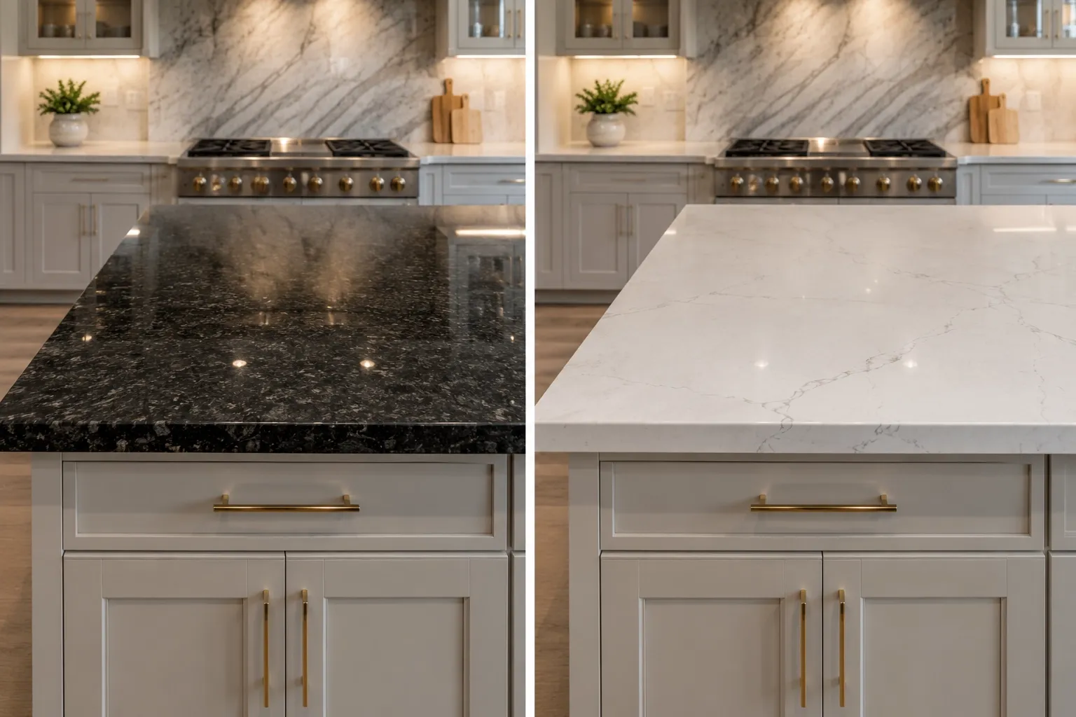 Granite and quartz countertops for installation comparison.