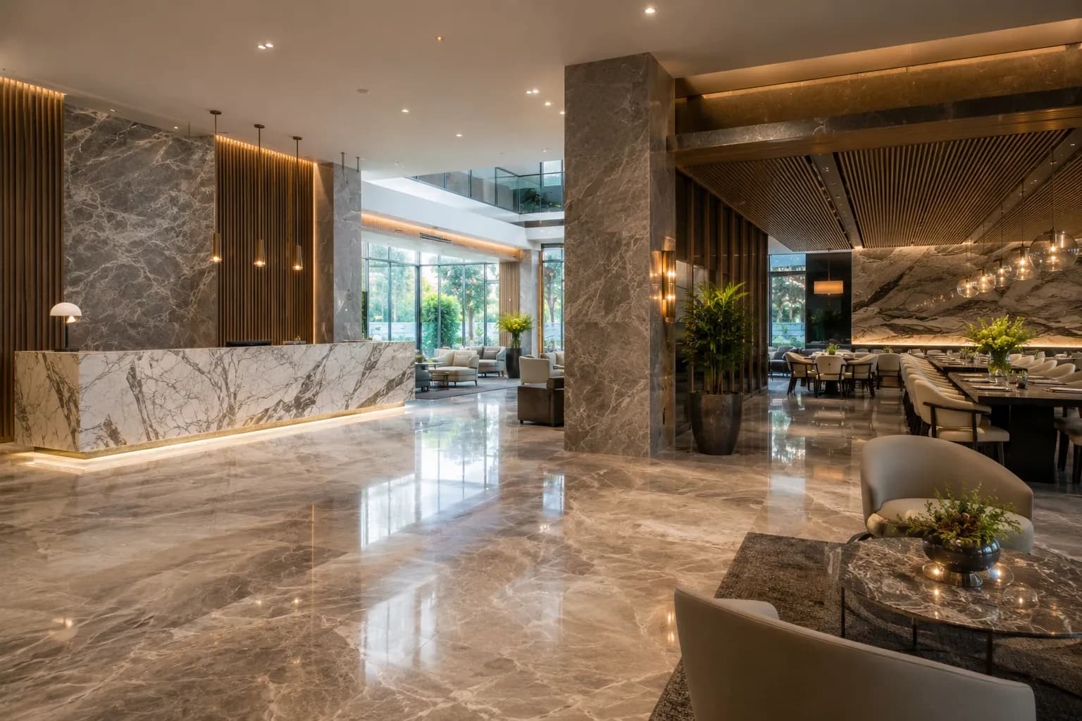Luxury hotel interior with premium natural stone flooring, walls, and countertops