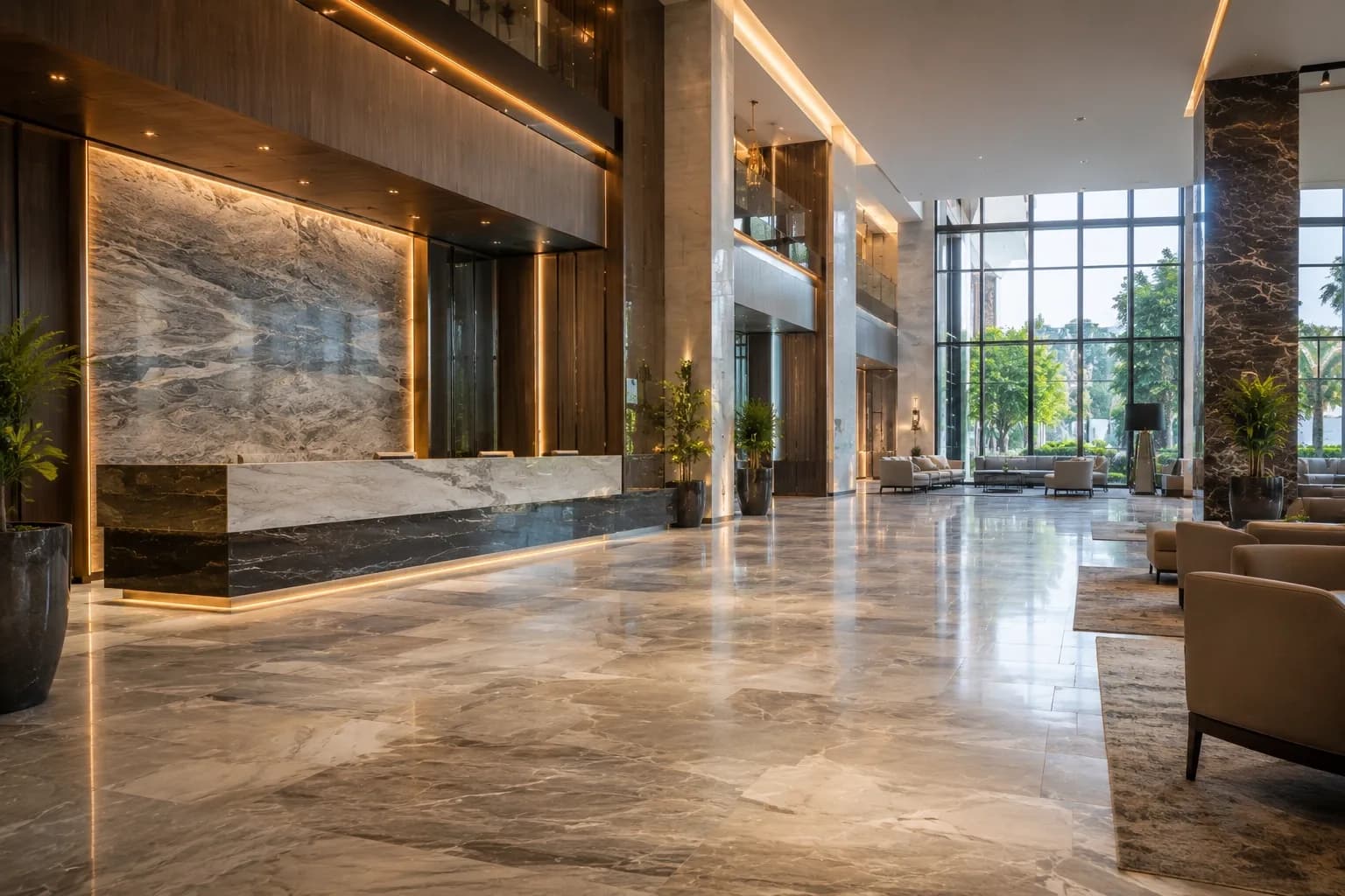 High-traffic hotel lobby with durable natural stone flooring and elegant stone surfaces