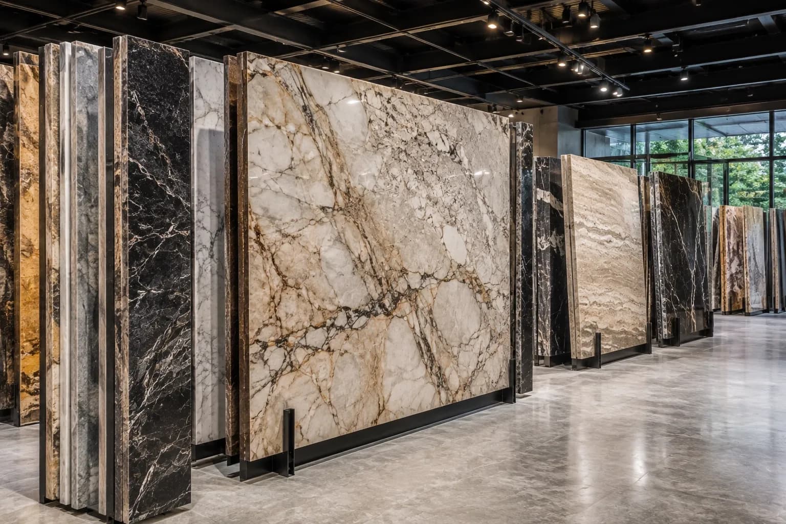 Full-size natural stone slabs ready for inspection
