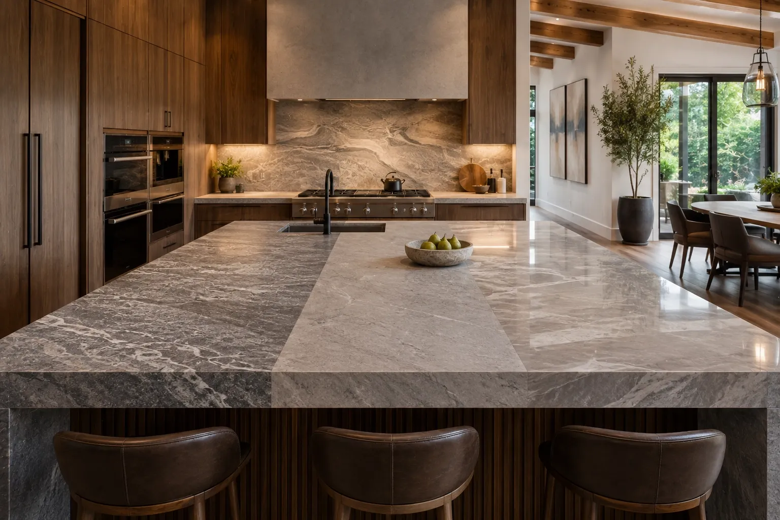Luxury kitchen featuring contrasting natural stone finishes on a large island