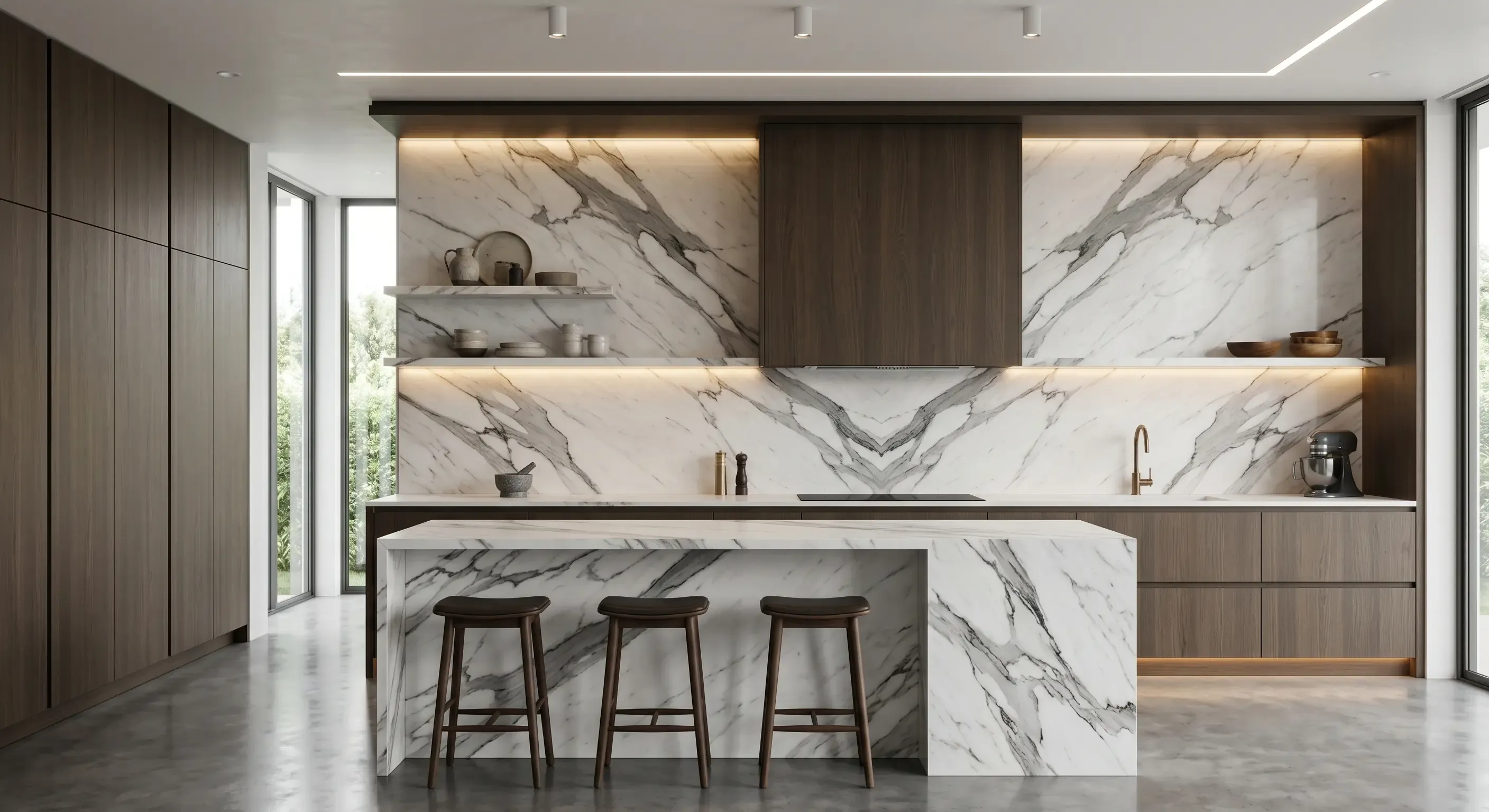 Modern luxury kitchen featuring a continuous marble slab backsplash