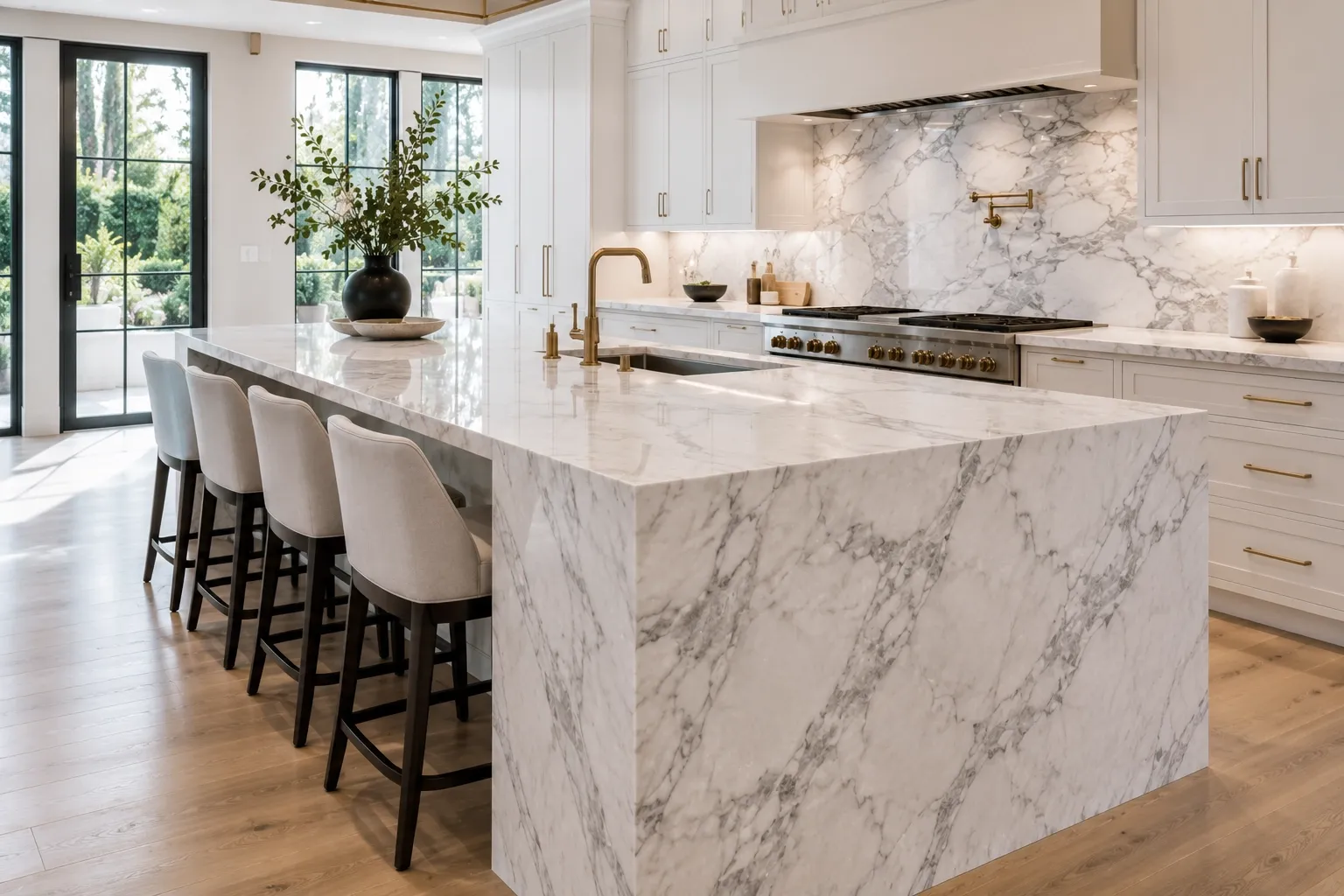 Luxury kitchen with a white marble countertop and natural gray veining.
