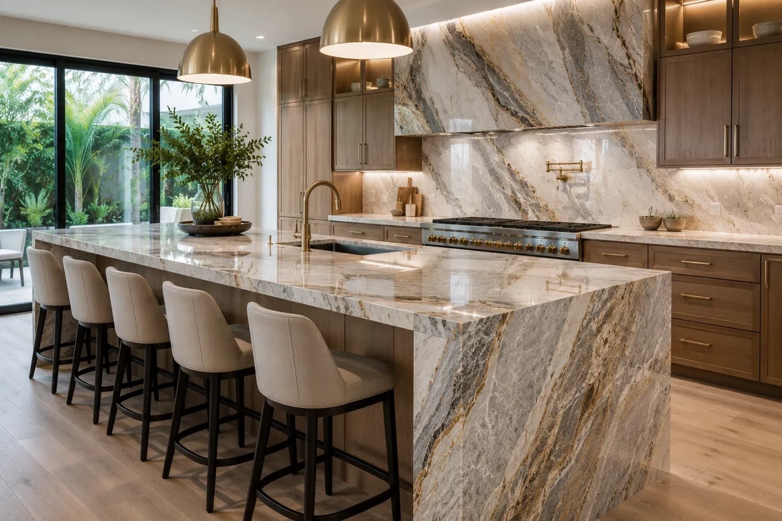 Luxury kitchen featuring a dramatic natural quartzite countertop and island.