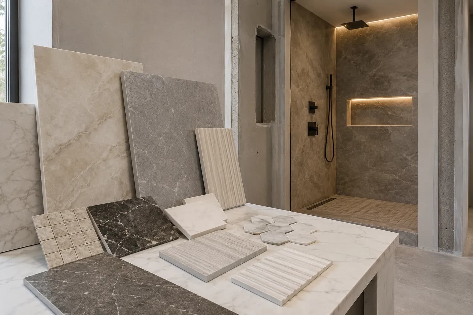 Premium shower tile materials selected for a luxury custom bathroom