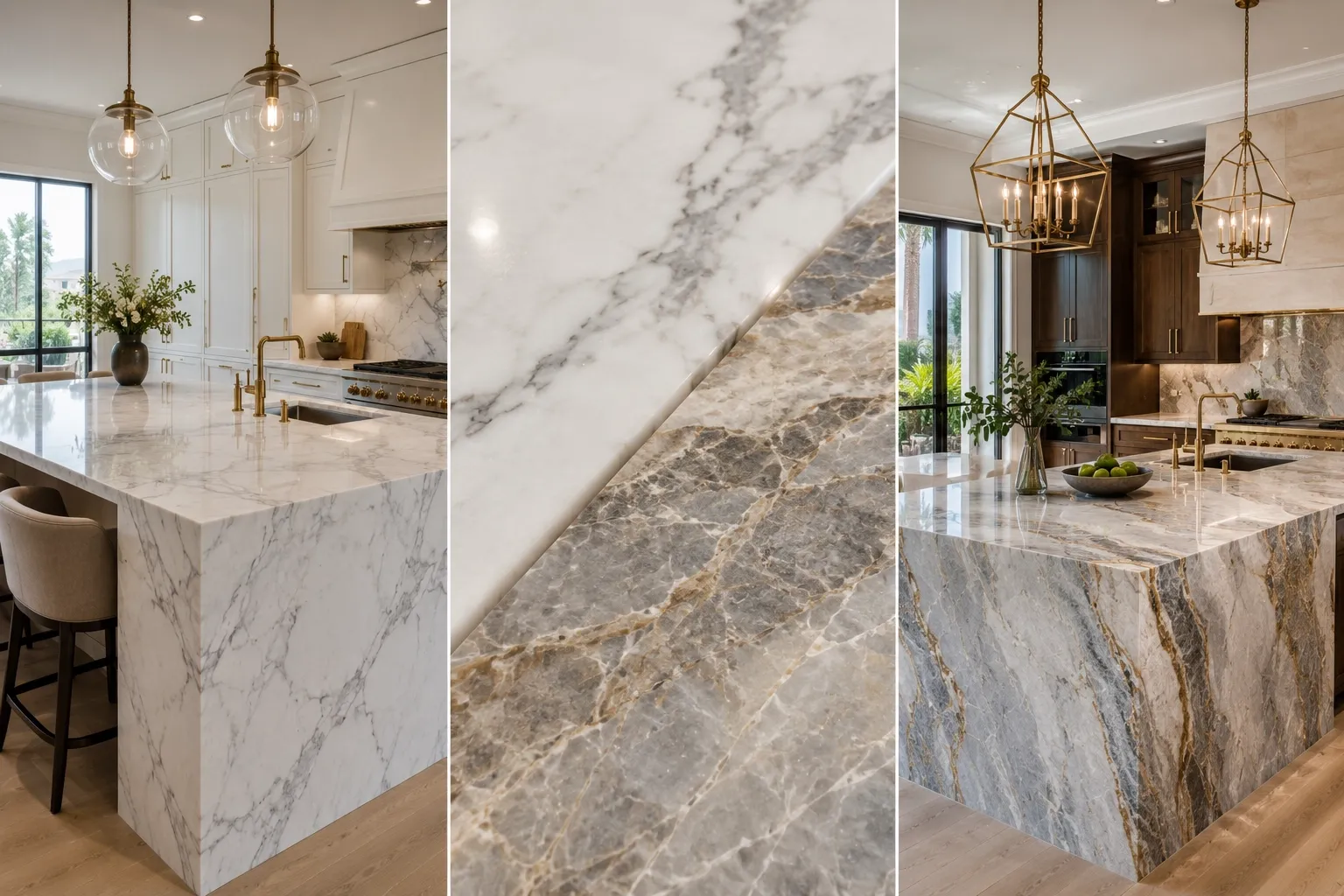 Marble and quartzite kitchen countertops compared in a luxury kitchen
