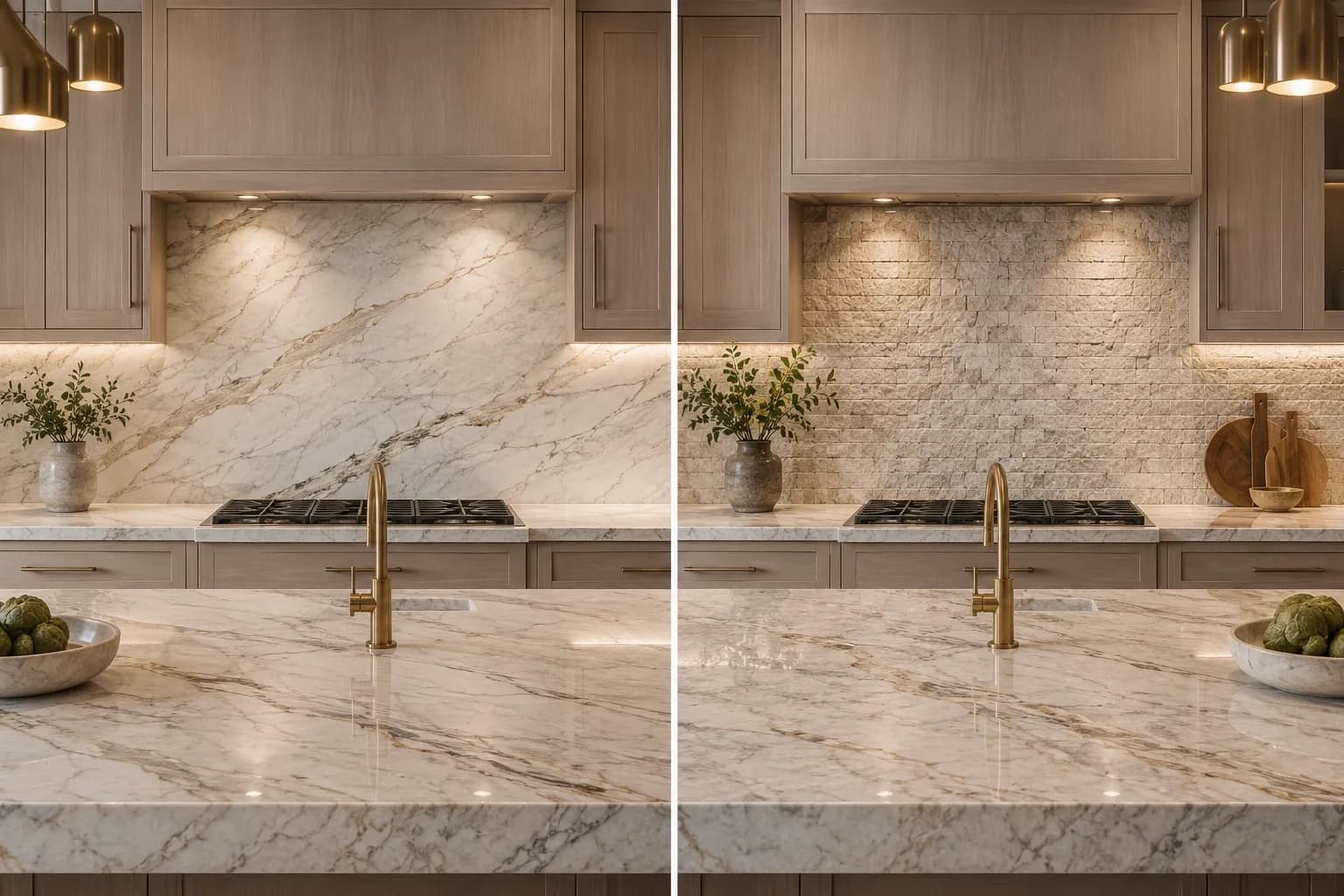 Matching and contrasting natural stone backsplash designs.
