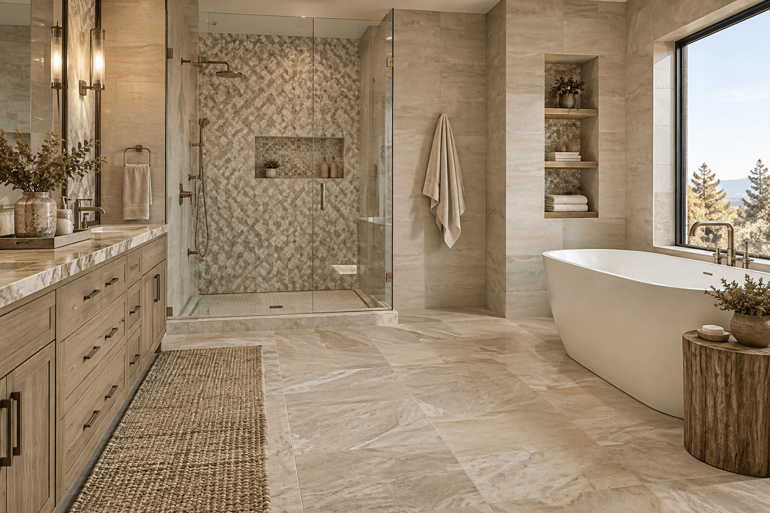 Luxury master bathroom mixing large-format, medium, and patterned tiles in a cohesive design