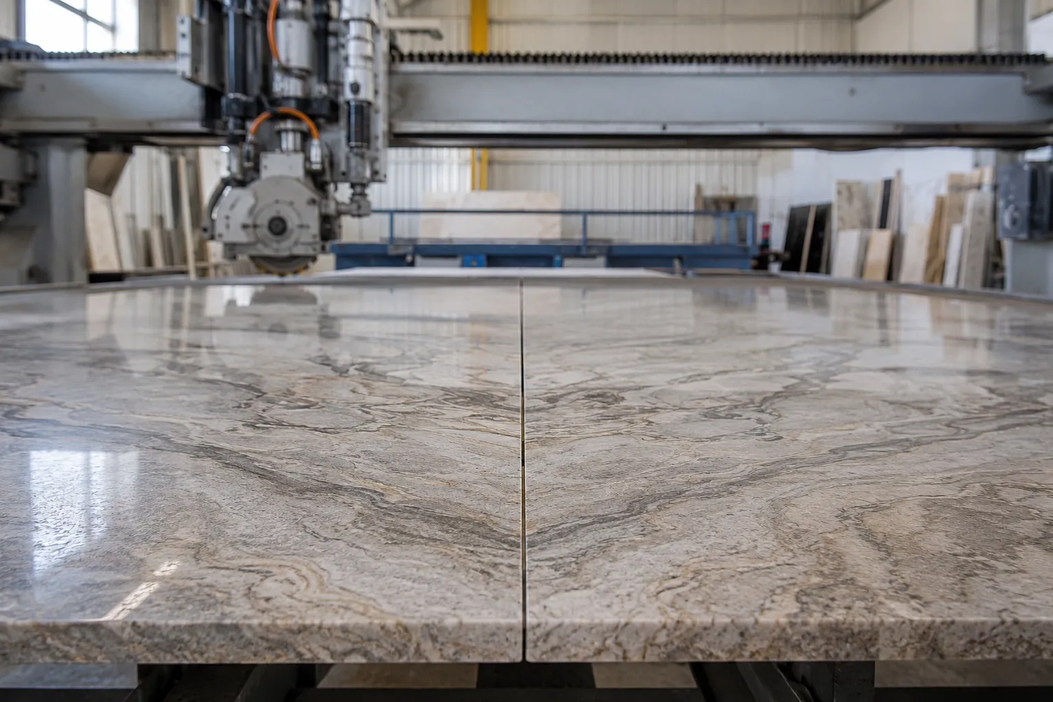 Precisely fabricated natural stone slabs with a tight countertop seam