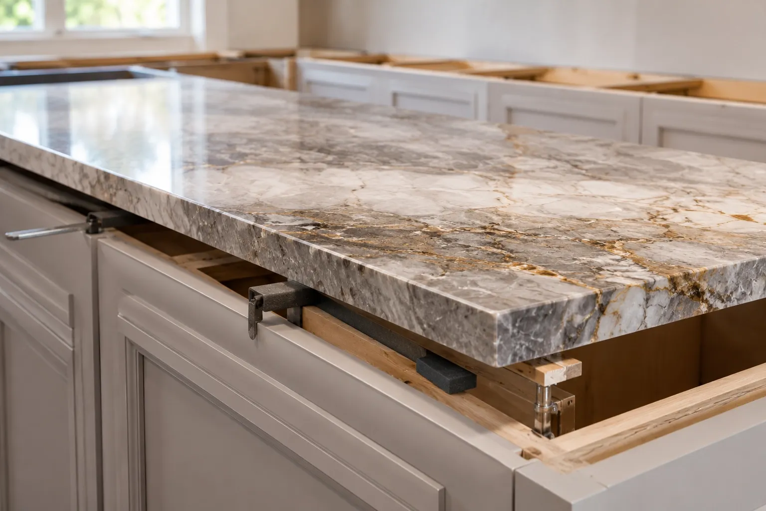 New natural stone countertop positioned during installation.