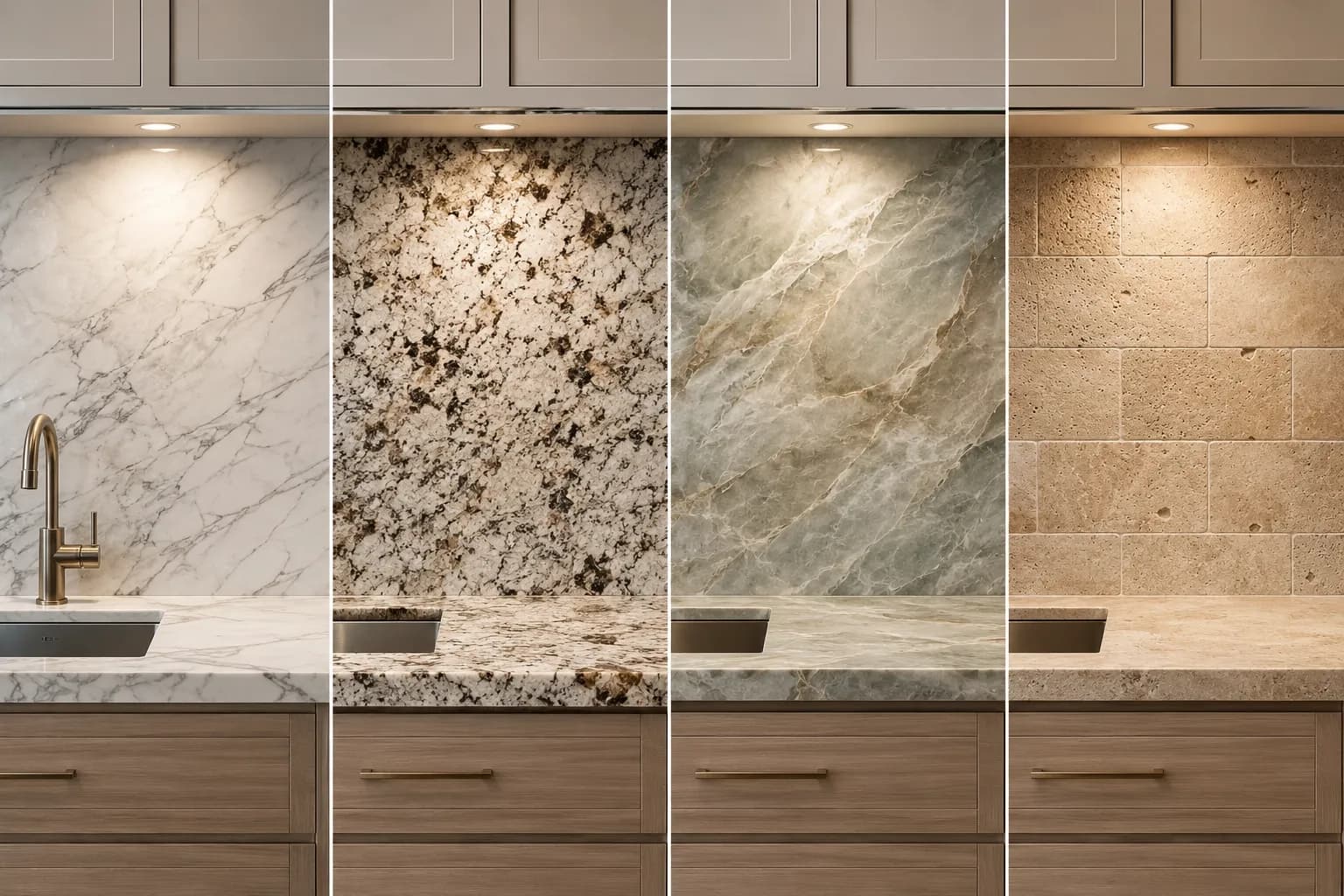Popular natural stone options for kitchen backsplashes.