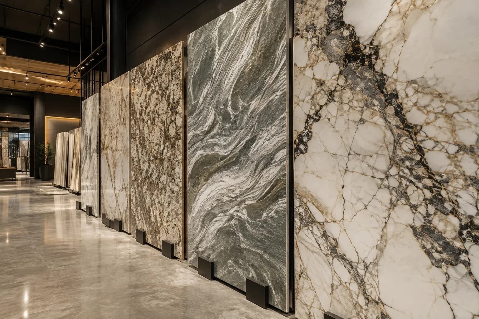 Natural stone slabs showing different patterns and veining for countertop matching