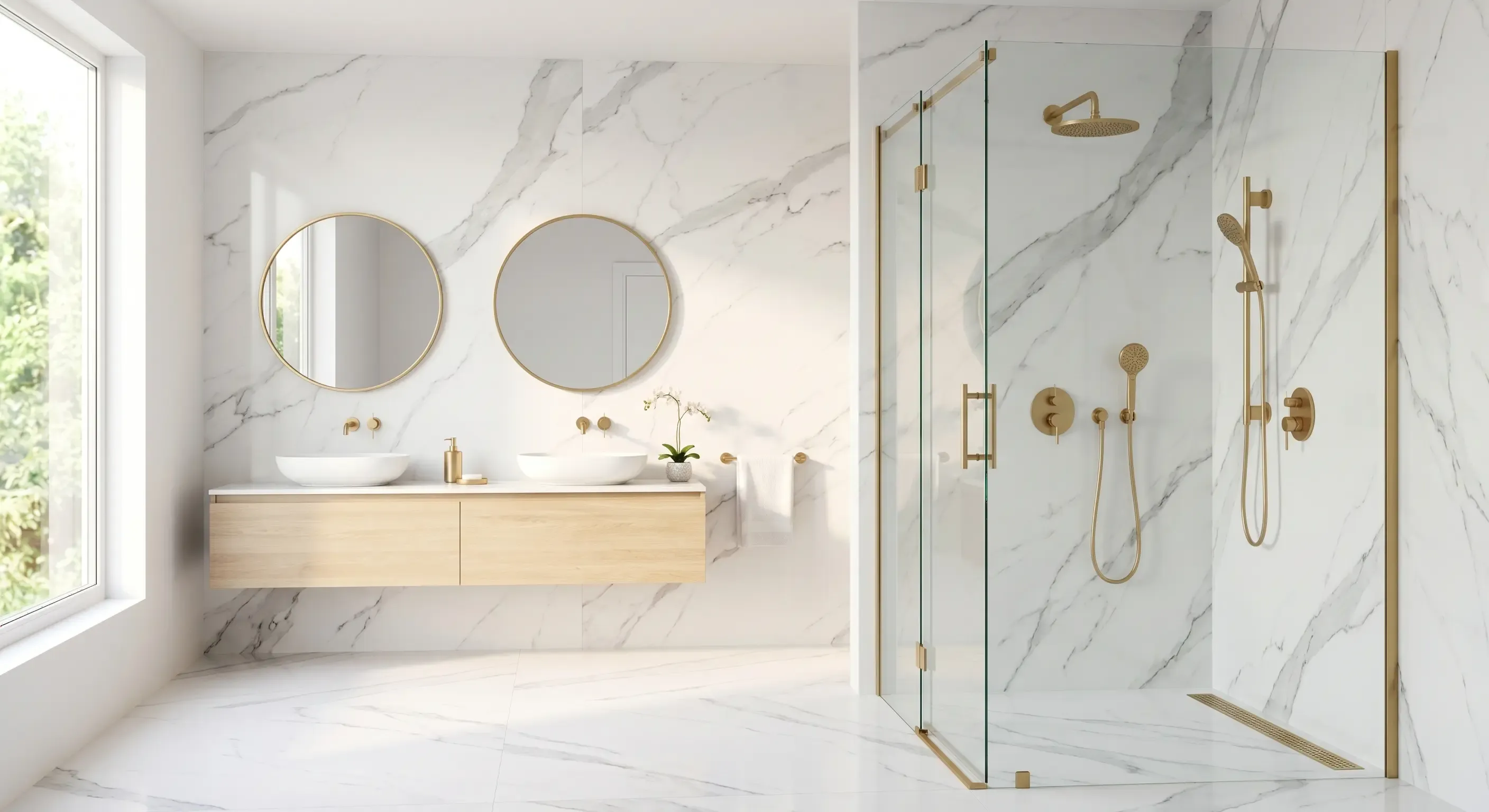 Large format porcelain slab shower wall in a luxury bathroom