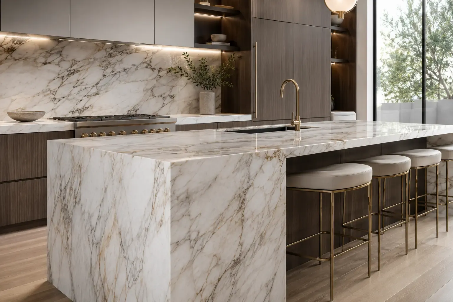 Luxury kitchen featuring precision-fabricated marble countertops and a waterfall island.