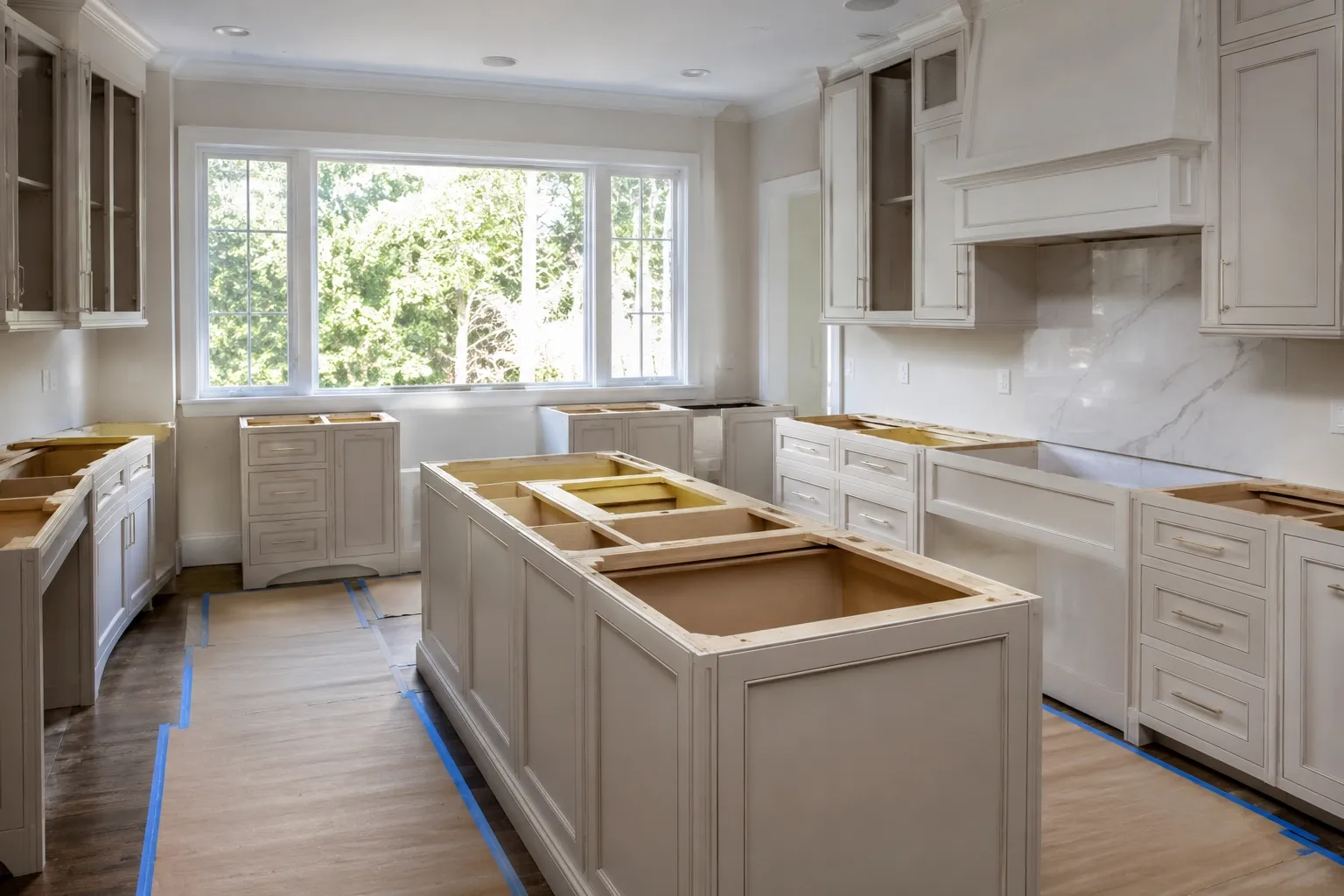 Kitchen prepared for countertop installation before new countertops are installed.