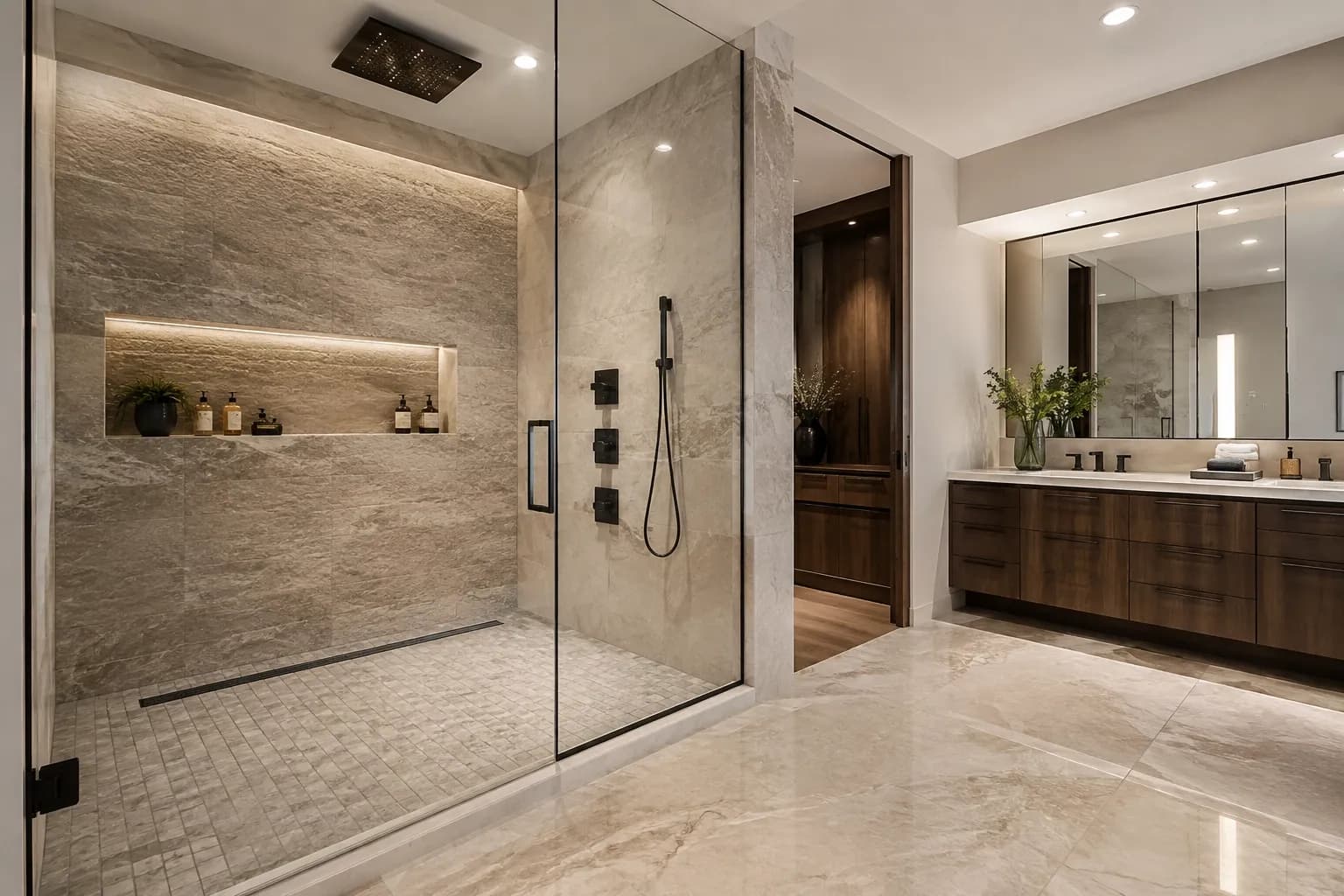 Luxury custom shower with premium tile and professional waterproofing details