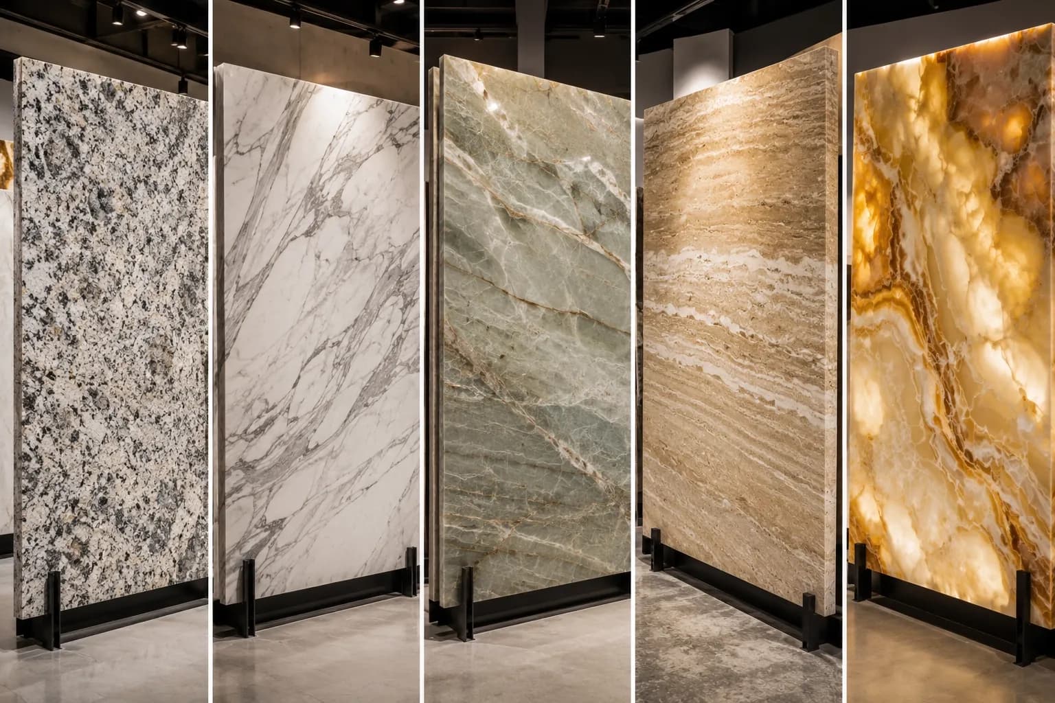 Granite, marble, quartzite, travertine, and onyx slabs