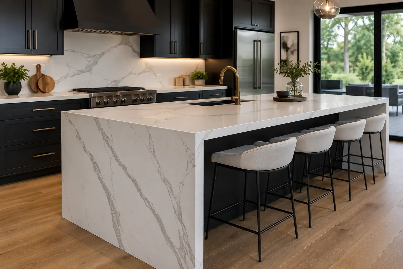 Contemporary kitchen with a waterfall quartz island countertop
