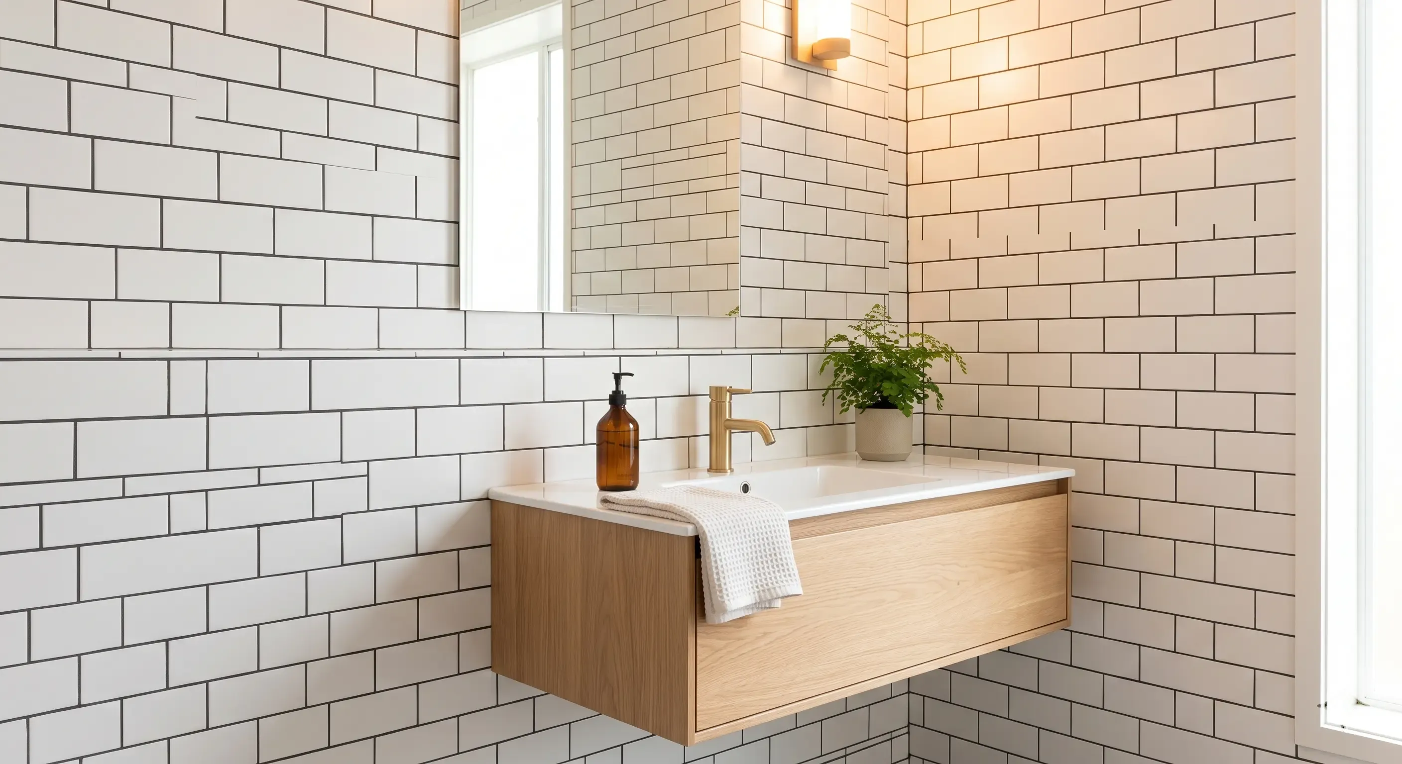 A pristine bathroom wall featuring white subway tiles and dark grout.