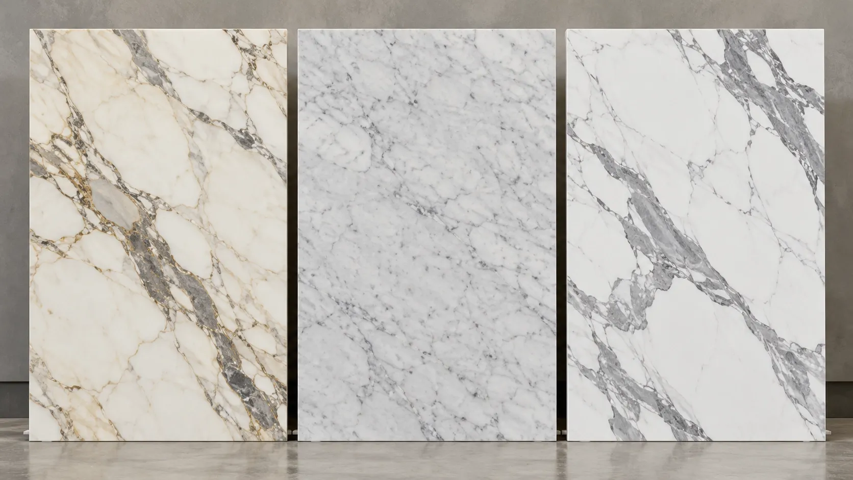 Calacatta vs Carrara vs Statuario marble slabs showing different white backgrounds and veining patterns.