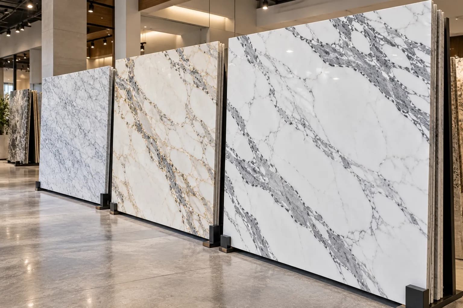 Calacatta, Carrara, and Statuario marble slabs displayed side by side in a stone showroom.