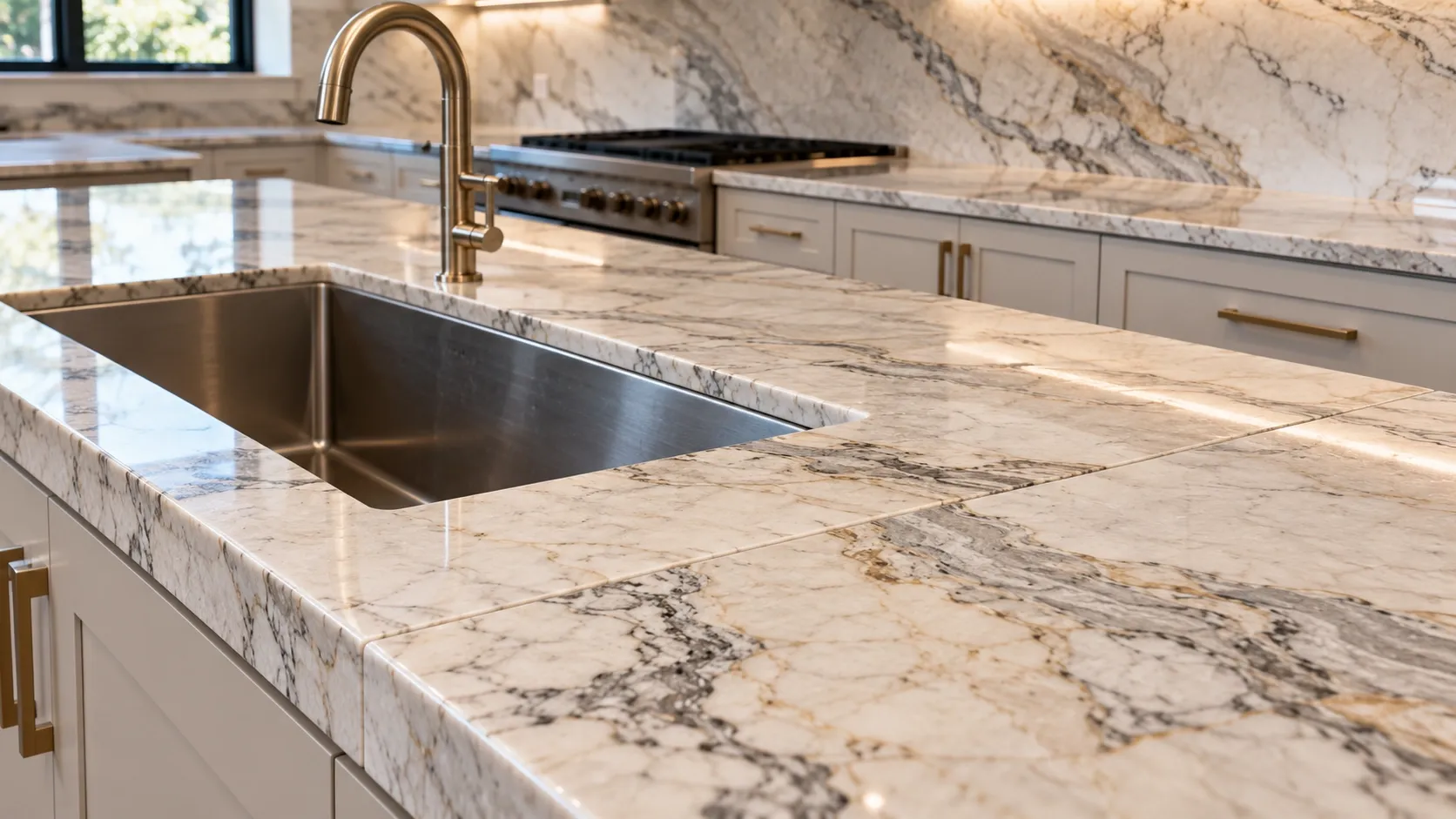 Fabricated stone countertop showing a sink cutout, polished edge, and aligned seam.